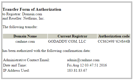 Transfer form of authorization