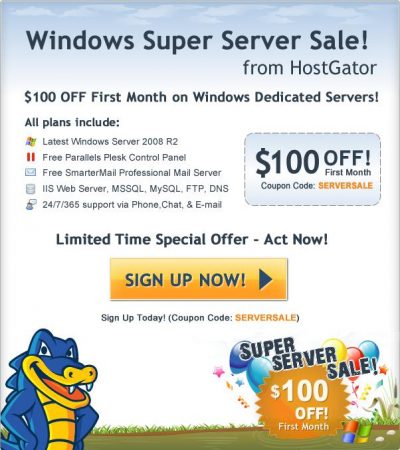 HostGator giảm giá 100$ tháng đầu khi đăng ký Windows Dedicated Servers